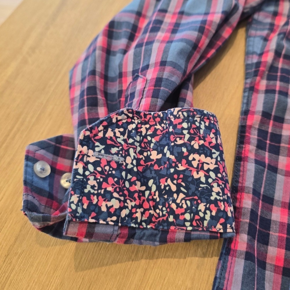 Tailorbyrd Mens Large Blue Pink Plaid Button Down Shirt Floral Trim Cotton Blend - Picture 3 of 9